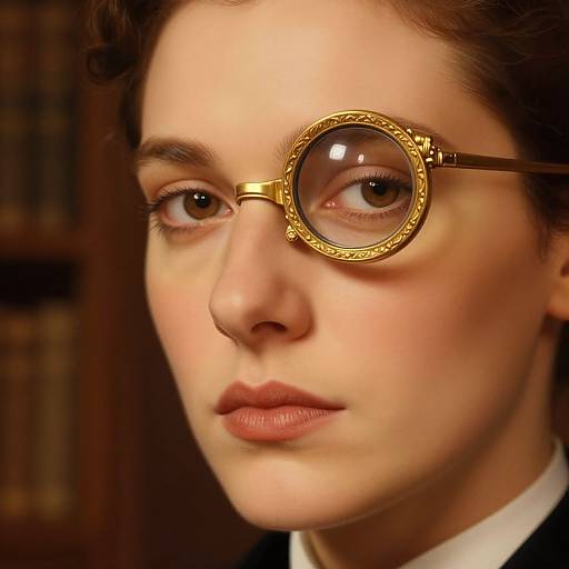 Close-up photograph of a young woman with fair skin, brown eyes, and curly brown hair, wearing round, gold-rimmed glasses, against a