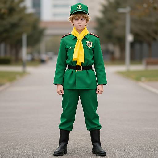 Photograph of a young boy in a green scout uniform with yellow neckerchief, black boots, standing on a blurred suburban street.