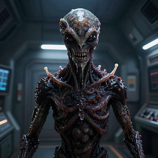 CGI sci-fi horror image of a grotesque, slimy, alien creature with a skeletal face, dark, textured skin, and glowing eyes in
