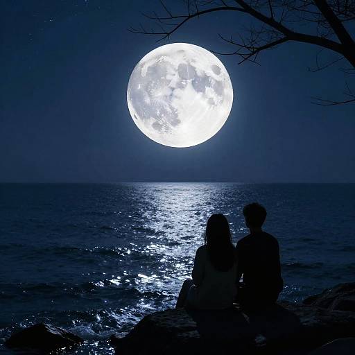Silhouetted couple sitting on rocky shore under a glowing full moon, reflecting on a dark, calm ocean, with bare tree branches overhead. Phot