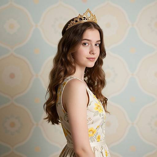 Photograph of a young woman with long wavy brown hair, wearing a gold tiara, white floral dress, and smiling, against a patterned