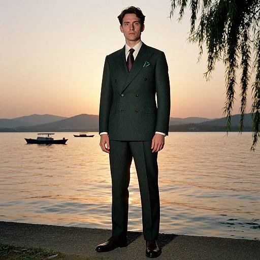 Photograph of a serious man in a dark green suit and tie, standing on a lakeside pier at sunset, with boats and mountains in the background