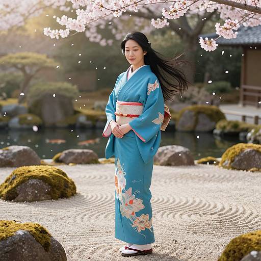 Asian Woman in Blue Kimono in Japanese Garden