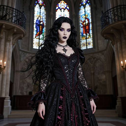 Gothic-style woman with long black hair, dark lipstick, and lace dress stands in a dimly lit, gothic cathedral with colorful stained glass