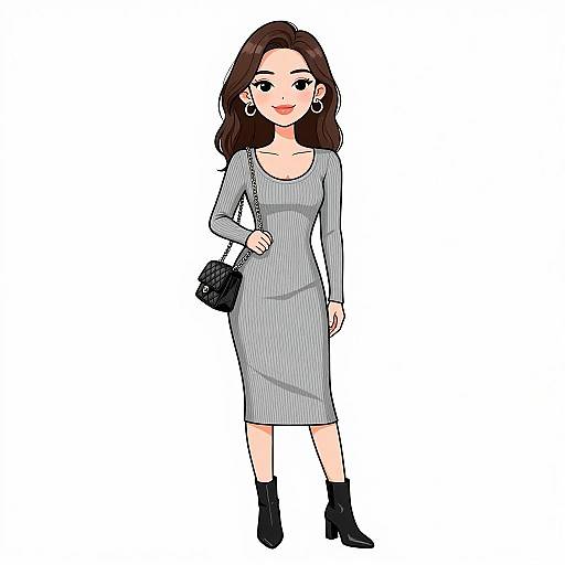 Chic Woman in Grey Ribbed Dress