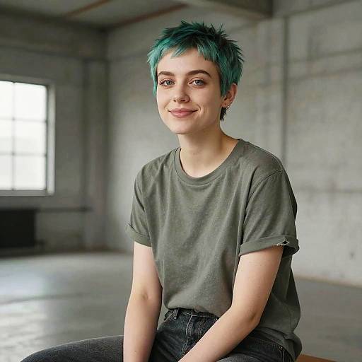 Photograph of a young woman with teal short hair, green t-shirt, and black jeans, smiling in a dimly lit, industrial-style room.