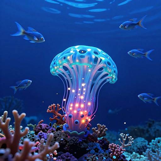 Photograph of a vibrant blue jellyfish with glowing lights, surrounded by colorful corals and small fish in a deep blue underwater scene.