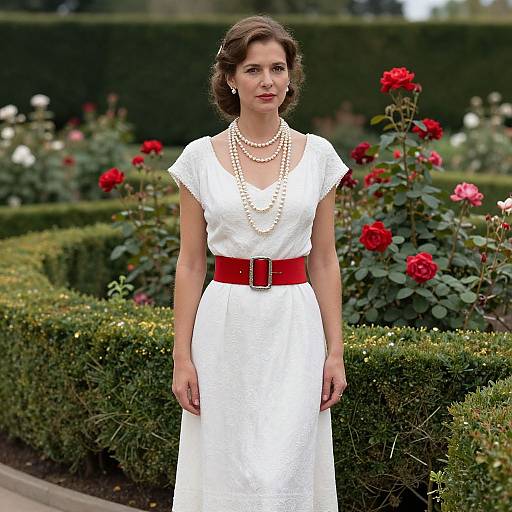 Photograph of a brunette woman in a white dress with red belt, pearl necklaces, standing in a garden with red roses.