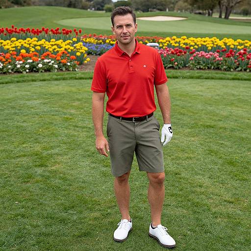 Photograph of a fit, middle-aged man in a red polo, gray shorts, white gloves, and white sneakers, standing on a lush green golf