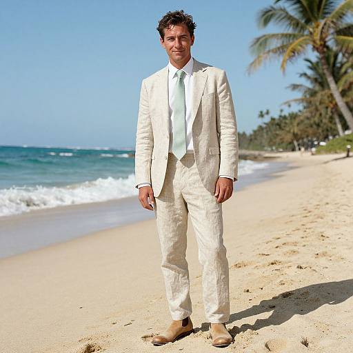 Photograph of a handsome, dark-haired man in a white suit and tie standing on a sunny, tropical beach with palm trees and ocean waves in the
