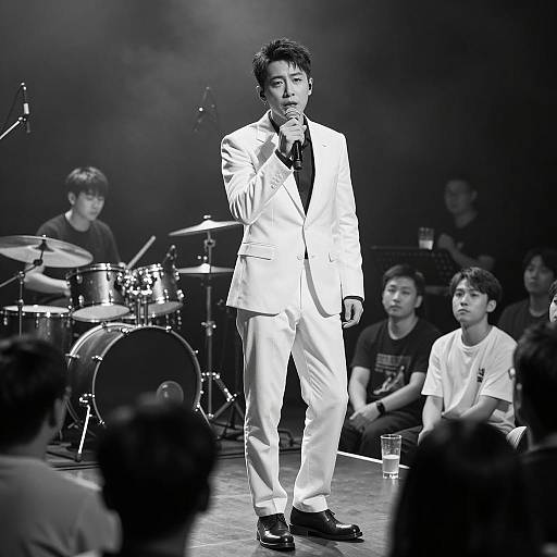 Male Singer Performing on Stage in White Suit
