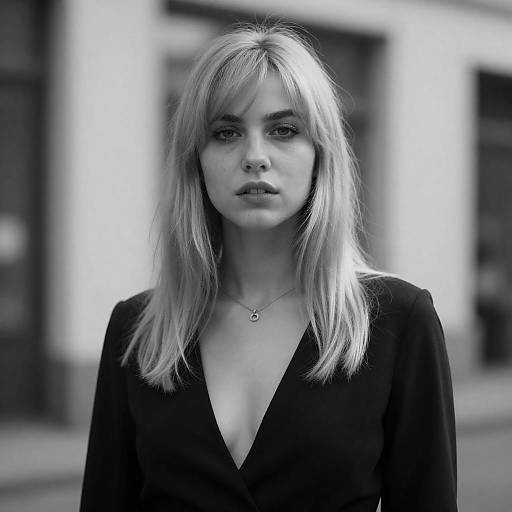 Moody Black-and-White Blonde Portrait with Bangs