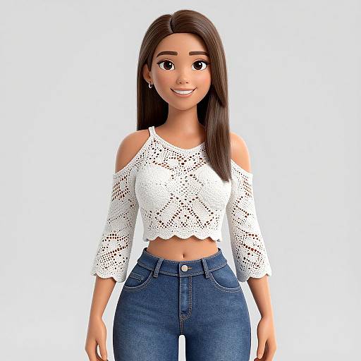 Digital 3D rendering of a smiling young woman with long brown hair, wearing a white off-shoulder crochet top and high-waisted blue