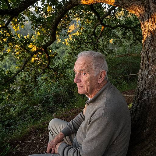 Photograph of an elderly white man with short gray hair, wearing a gray shirt and beige pants, sitting under a tree with glowing yellow leaves in a