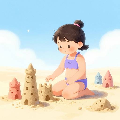 Digital illustration of a cute, fair-skinned, dark-haired girl in a purple swimsuit, kneeling on a sandy beach, building a castle with small