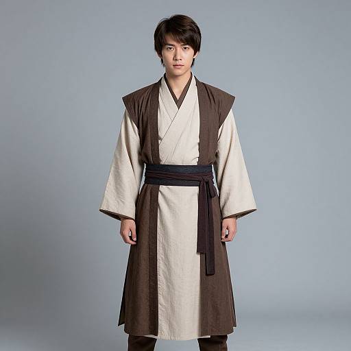 Photograph of an East Asian woman with short black hair, wearing a white and brown traditional Korean hanbok with a black belt, standing against a