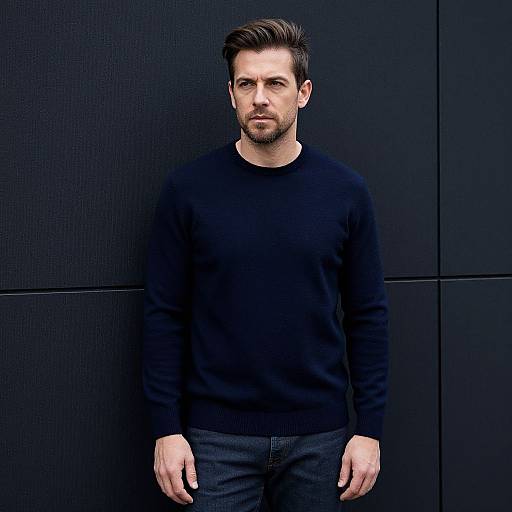 Photograph of a serious, handsome, Caucasian man with short brown hair, wearing a black sweater and dark jeans, standing against a black, textured wall