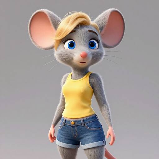 3D CGI anthropomorphic mouse with gray fur, blue eyes, blonde hair, yellow tank top, and denim shorts, standing against a gradient gray background