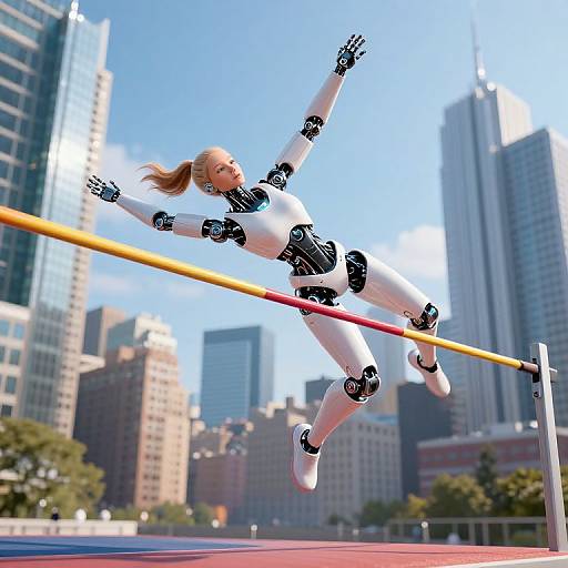 CGI image of a robotic woman with white and black body, jumping over a colorful high jump bar in an urban sky background.
