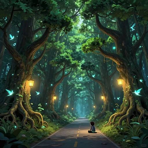 Enchanted forest path illuminated by glowing lanterns and blue fireflies, with a small figure seated on the road, surrounded by towering, twisted trees