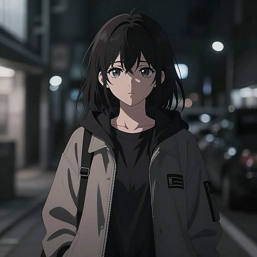 Digital anime-style drawing of a young woman with black hair, wearing a grey jacket over a black hoodie, standing on a dark, illuminated urban street at