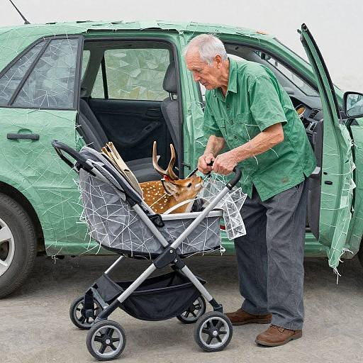 An elderly man with white hair, wearing a green shirt and gray pants, places a small deer figurine in a stroller beside a green car.