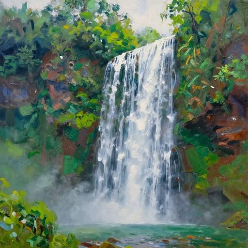 Vibrant, impressionist-style painting of a lush, green waterfall cascading into a misty pool, surrounded by dense, colorful foliage.