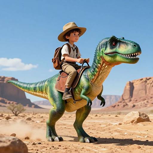 Photorealistic CGI: Boy in safari hat, white shirt, brown pants, backpack, riding green dinosaur in desert with blue sky and rocky cliffs.