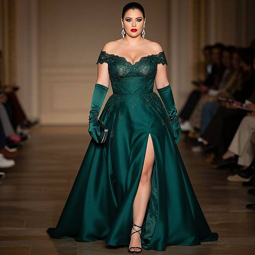 Photograph of a confident, red-lipped woman with fair skin, wearing an off-shoulder, emerald green gown with lace detailing, thigh