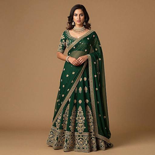 Photograph of a South Asian woman in a green, gold-embroidered traditional saree, wearing a gold necklace and earrings, standing against a
