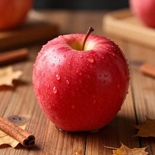 Photograph of a red apple with water droplets, resting on a wooden surface with cinnamon sticks and fallen leaves.