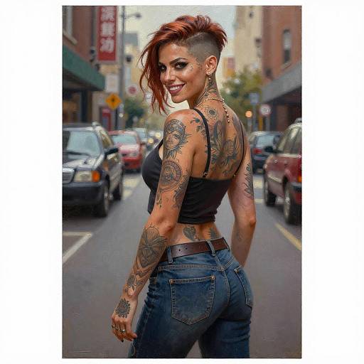 Tattooed Woman with Auburn Undercut in Urban Street