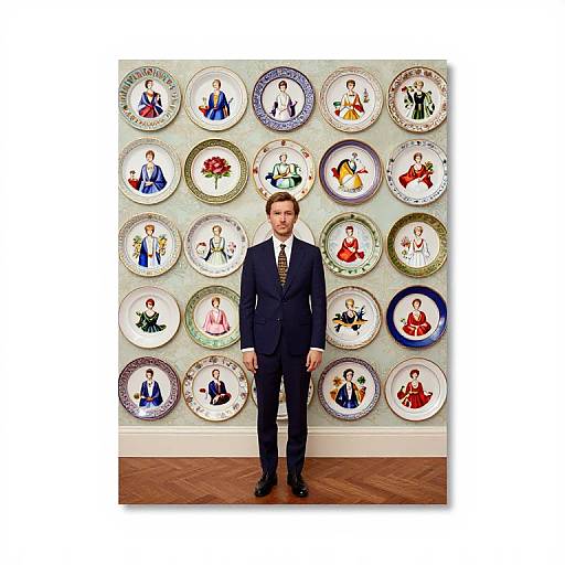 Photograph of a man in a dark suit standing in front of a wall decorated with a grid of vintage, colorful porcelain plates featuring painted figures.