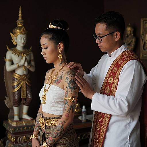 Photograph of an Asian priest in white with glasses, blessing a tattooed Thai bride in gold jewelry and white attire, beside a statuesque Buddha statue