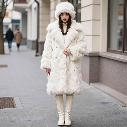 Woman in White Fur Coat and Boots on Sidewalk