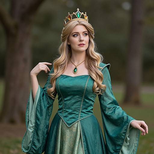 Photograph of a blonde woman with long wavy hair, wearing a green medieval-style dress, gold crown, and emerald necklace, standing in a