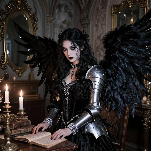 Gothic angel with black wings and silver armor reads in dimly lit, ornate room with candles and mirrors. Digital art.