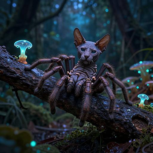 Digital fantasy artwork of a spider-eared, blue-eyed, furry creature with spider legs, sitting on a mossy tree in a glowing, blue-l