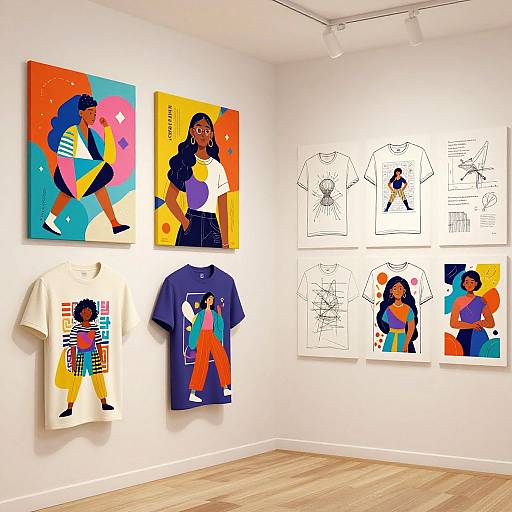 Gallery wall featuring vibrant, colorful pop art paintings of diverse women, alongside black-and-white line drawings and hanging T-shirts, under bright track lights.