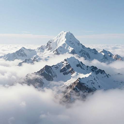 Photograph of a towering, snow-capped mountain peak surrounded by dense white clouds, with jagged rocky slopes partially visible through the mist.