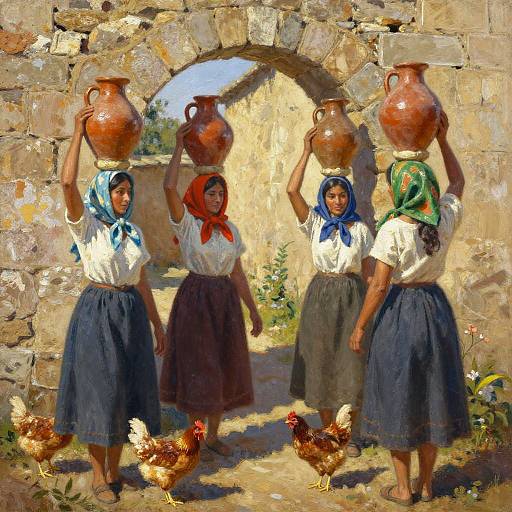 Oil painting of four women carrying large clay jugs through a stone archway, wearing traditional white shirts, blue skirts, and colorful headscarves,
