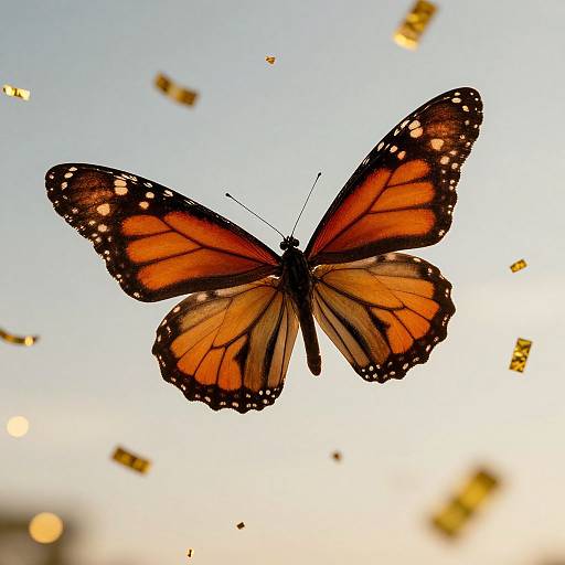 Photograph of a vibrant orange monarch butterfly with black-spotted wings, flying against a clear blue sky, surrounded by scattered golden particles.