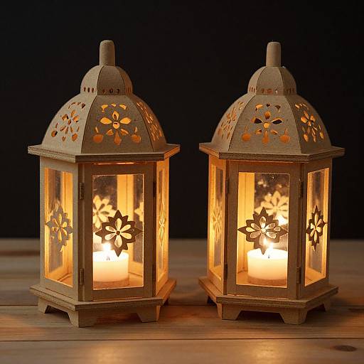 Photograph of two ornate, wooden lanterns with floral cutouts, glowing warmly against a dark background, placed on a wooden surface.