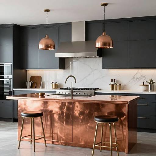Modern kitchen photograph: copper island, black cabinets, stainless steel appliances, two copper pendant lights, black stools, marble backsplash.