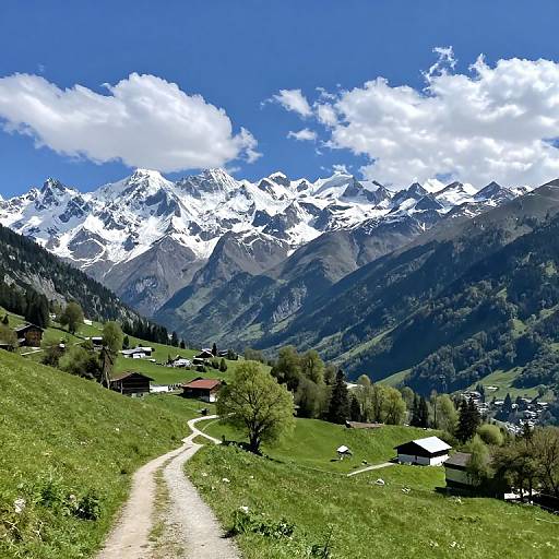 Photograph of a vibrant mountain landscape with snow-capped peaks, clear blue sky, scattered white clouds, green meadows, dirt path, and small
