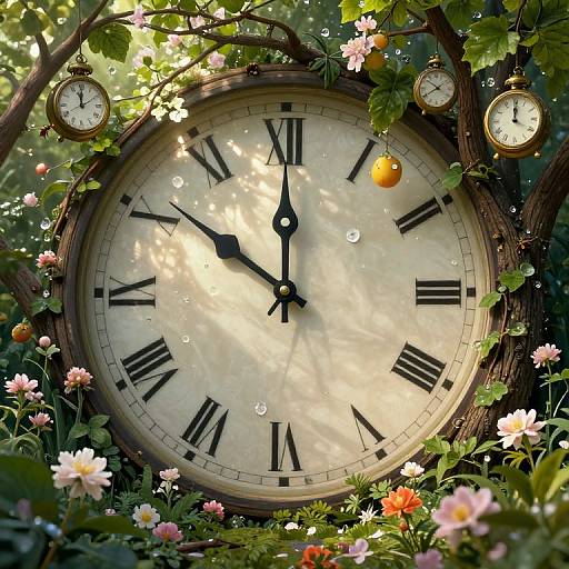 Vintage clock with Roman numerals, surrounded by blooming flowers and green leaves, with two smaller clocks above, in a sunlit garden.