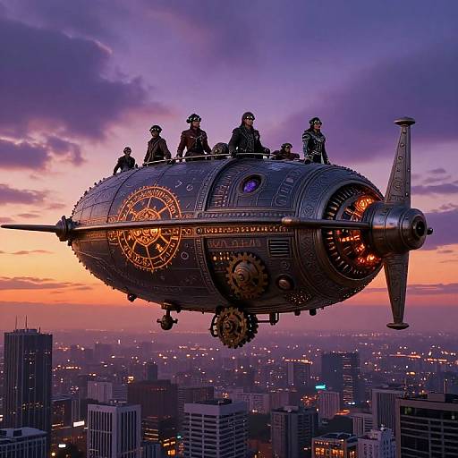 Steampunk airship with clockwork details and six figures flying over a cityscape at sunset, vibrant purple and orange sky.