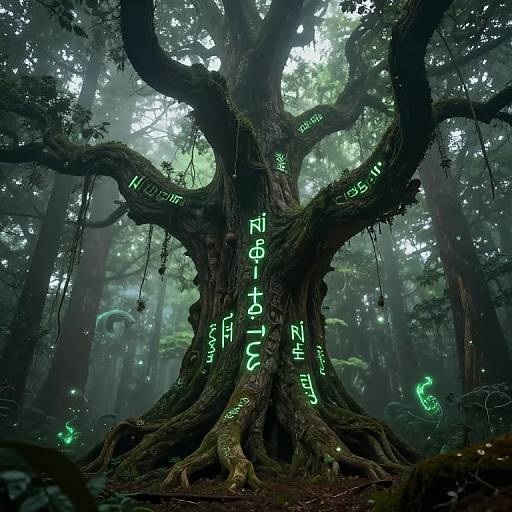 Mystical forest illustration: ancient, gnarled tree with glowing green runes and symbols on twisted branches, surrounded by ethereal green lights.