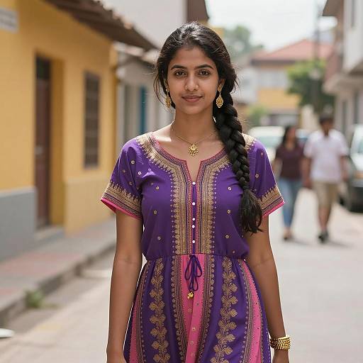 Young Woman in Purple Ethnic Dress on Sunny Street