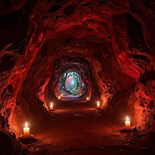Photograph of a dimly lit, red-tinged cave tunnel with glowing orange candles lining the rocky walls, leading to a bright, green-l